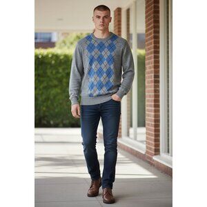 Dockers Mens Gray Blue Argyle Pullover Sweater Size M Crew Neck Y2K Retro Golf